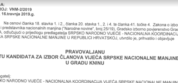 Pravovaljana lista kandidata za izbor članova vijeća srpske nacionalne manjine u Gradu Kninu