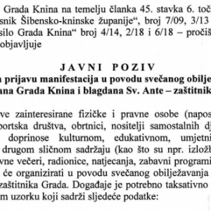 Javni poziv za prijavu manifestacija u povodu svečanog obilježavanja Dana Grada Knina i blagdana sv. Ante