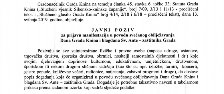 Javni poziv za prijavu manifestacija u povodu svečanog obilježavanja Dana Grada Knina i blagdana sv. Ante